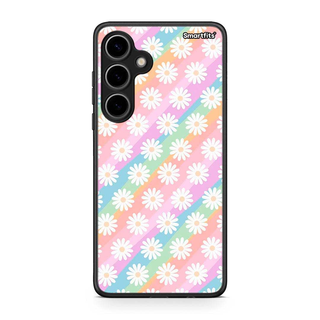 Samsung Galaxy S24 Plus White Daisies θήκη από τη Smartfits με σχέδιο στο πίσω μέρος και μαύρο περίβλημα | Smartphone case with colorful back and black bezels by Smartfits