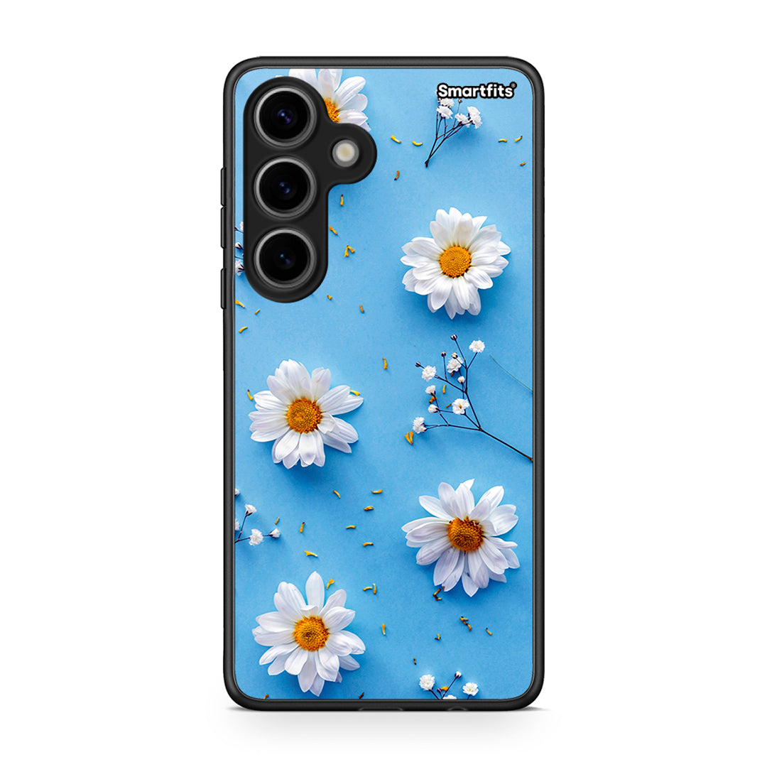 Samsung Galaxy S24 Real Daisies θήκη από τη Smartfits με σχέδιο στο πίσω μέρος και μαύρο περίβλημα | Smartphone case with colorful back and black bezels by Smartfits