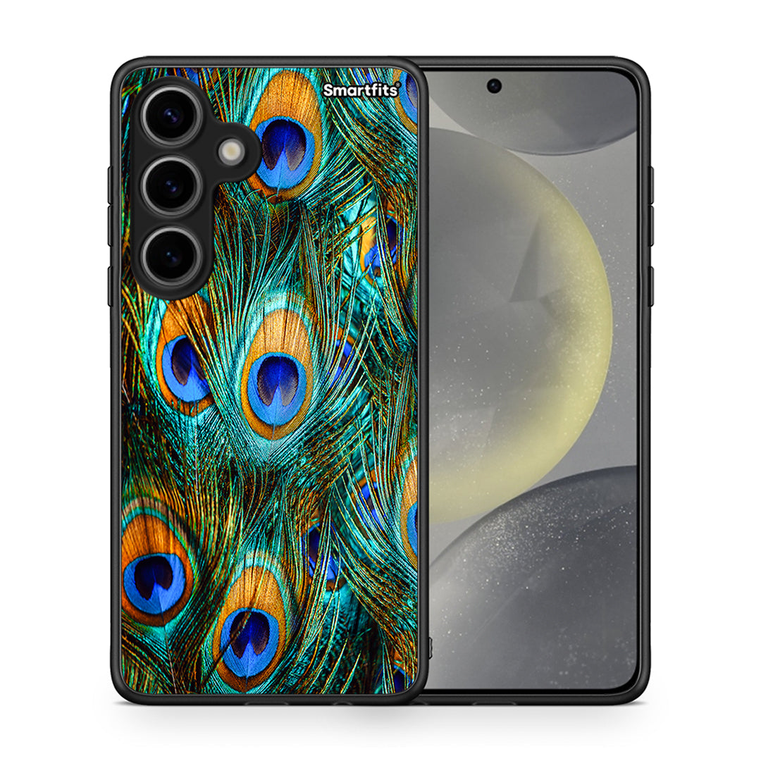 Θήκη Samsung Galaxy S24 Real Peacock Feathers από τη Smartfits με σχέδιο στο πίσω μέρος και μαύρο περίβλημα | Samsung Galaxy S24 Real Peacock Feathers case with colorful back and black bezels