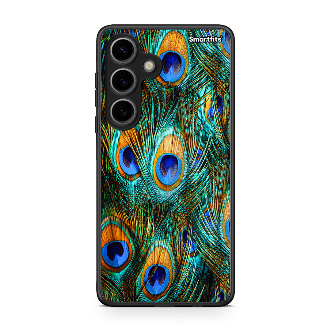 Samsung Galaxy S24 Real Peacock Feathers θήκη από τη Smartfits με σχέδιο στο πίσω μέρος και μαύρο περίβλημα | Smartphone case with colorful back and black bezels by Smartfits