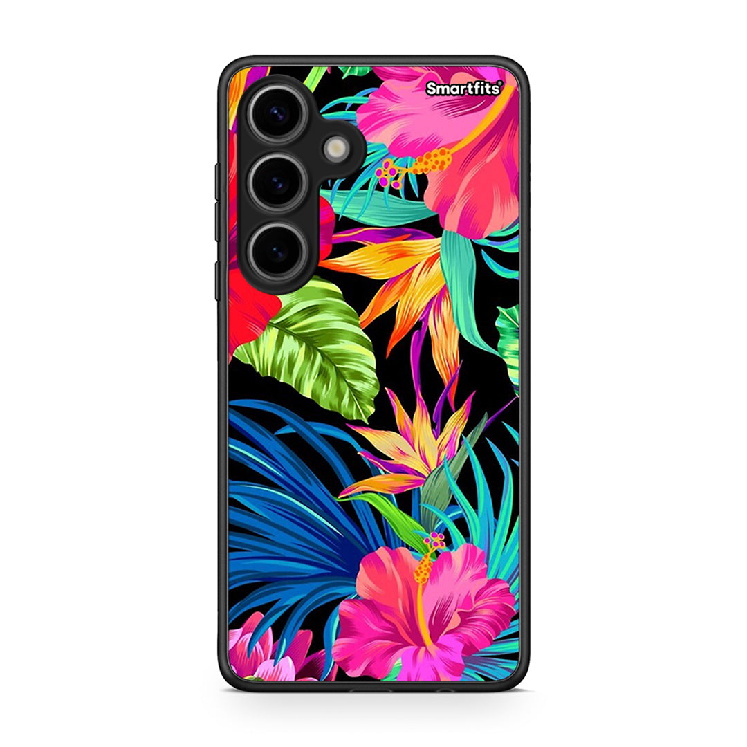 Samsung Galaxy S24 Tropical Flowers θήκη από τη Smartfits με σχέδιο στο πίσω μέρος και μαύρο περίβλημα | Smartphone case with colorful back and black bezels by Smartfits