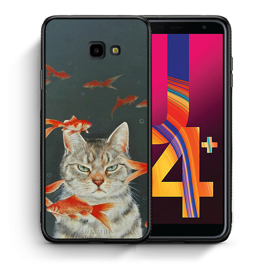 Θήκη Samsung J4 Plus Cat Goldfish από τη Smartfits με σχέδιο στο πίσω μέρος και μαύρο περίβλημα | Samsung J4 Plus Cat Goldfish case with colorful back and black bezels