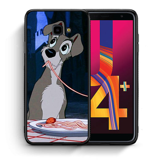 Θήκη Αγίου Βαλεντίνου Samsung J4 Plus Lady And Tramp 1 από τη Smartfits με σχέδιο στο πίσω μέρος και μαύρο περίβλημα | Samsung J4 Plus Lady And Tramp 1 case with colorful back and black bezels