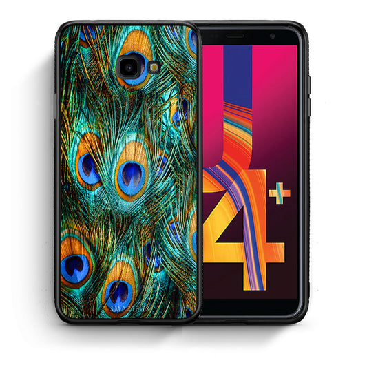 Θήκη Samsung J4 Plus Real Peacock Feathers από τη Smartfits με σχέδιο στο πίσω μέρος και μαύρο περίβλημα | Samsung J4 Plus Real Peacock Feathers case with colorful back and black bezels