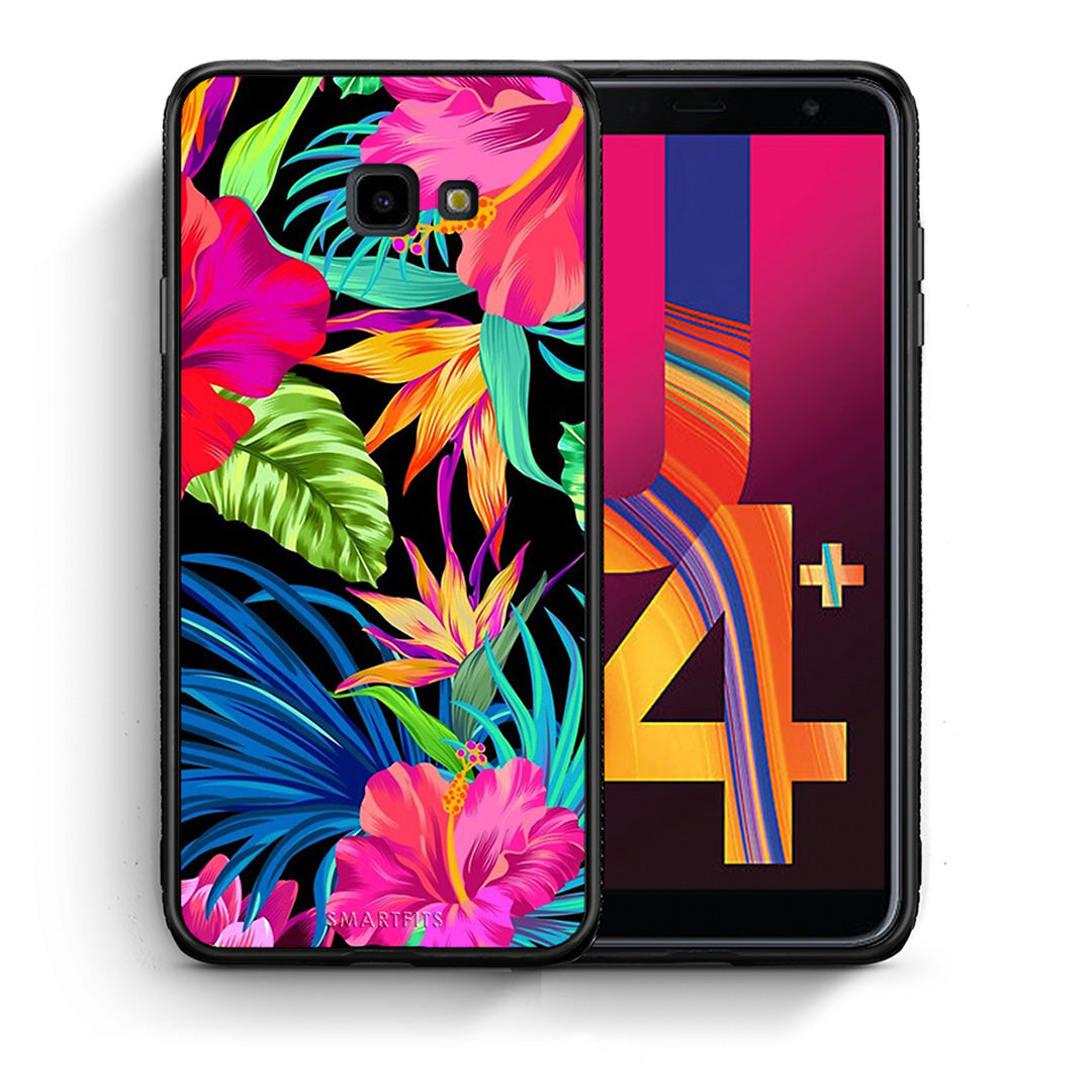 Θήκη Samsung J4 Plus Tropical Flowers από τη Smartfits με σχέδιο στο πίσω μέρος και μαύρο περίβλημα | Samsung J4 Plus Tropical Flowers case with colorful back and black bezels