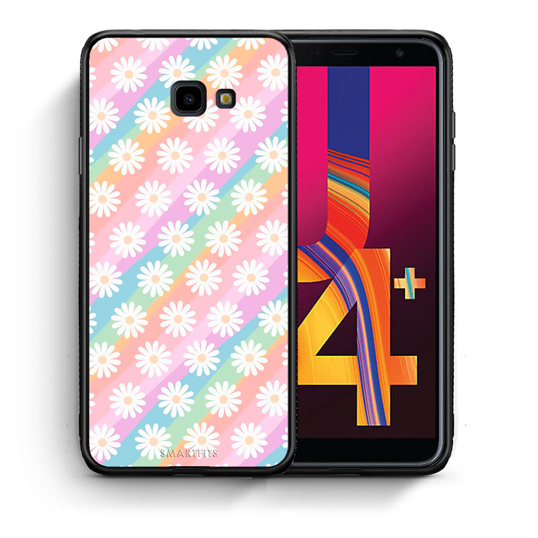 Θήκη Samsung J4 Plus White Daisies από τη Smartfits με σχέδιο στο πίσω μέρος και μαύρο περίβλημα | Samsung J4 Plus White Daisies case with colorful back and black bezels