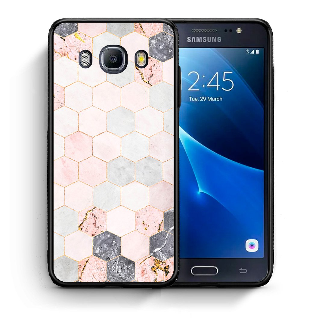 Θήκη Samsung J7 2016 Hexagon Pink Marble από τη Smartfits με σχέδιο στο πίσω μέρος και μαύρο περίβλημα | Samsung J7 2016 Hexagon Pink Marble case with colorful back and black bezels