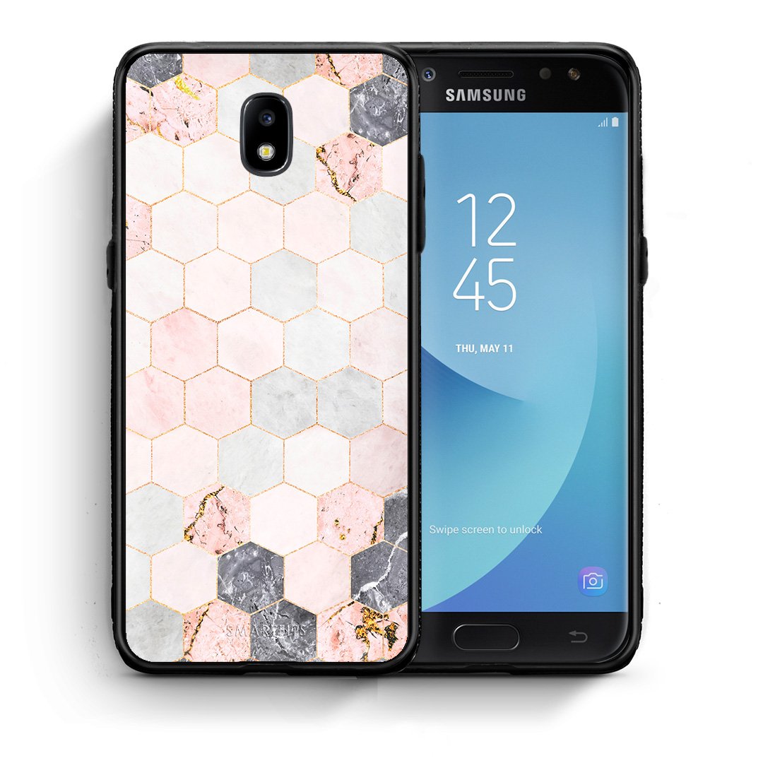 Θήκη Samsung J7 2017 Hexagon Pink Marble από τη Smartfits με σχέδιο στο πίσω μέρος και μαύρο περίβλημα | Samsung J7 2017 Hexagon Pink Marble case with colorful back and black bezels