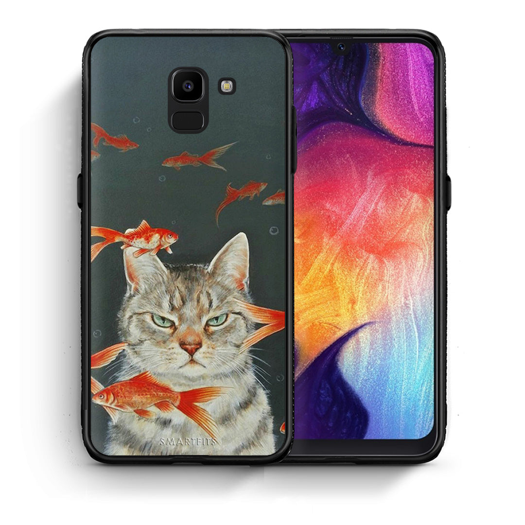 Θήκη Samsung J6 Cat Goldfish από τη Smartfits με σχέδιο στο πίσω μέρος και μαύρο περίβλημα | Samsung J6 Cat Goldfish case with colorful back and black bezels