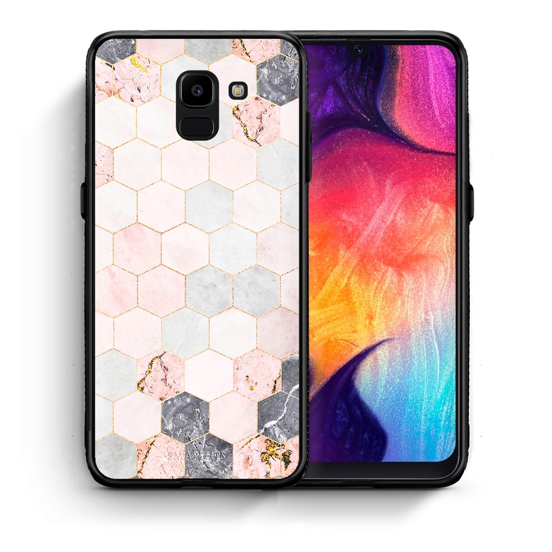 Θήκη Samsung J6 Hexagon Pink Marble από τη Smartfits με σχέδιο στο πίσω μέρος και μαύρο περίβλημα | Samsung J6 Hexagon Pink Marble case with colorful back and black bezels