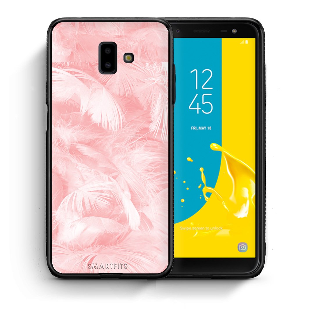 Θήκη Samsung J6+ Pink Feather Boho από τη Smartfits με σχέδιο στο πίσω μέρος και μαύρο περίβλημα | Samsung J6+ Pink Feather Boho case with colorful back and black bezels