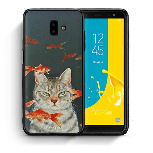 Θήκη Samsung J6+ Cat Goldfish από τη Smartfits με σχέδιο στο πίσω μέρος και μαύρο περίβλημα | Samsung J6+ Cat Goldfish case with colorful back and black bezels