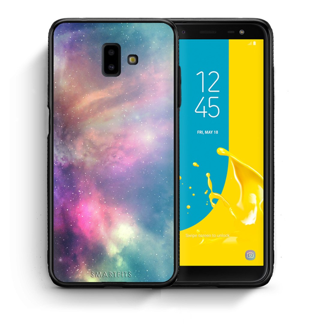 Θήκη Samsung J6+ Rainbow Galaxy από τη Smartfits με σχέδιο στο πίσω μέρος και μαύρο περίβλημα | Samsung J6+ Rainbow Galaxy case with colorful back and black bezels