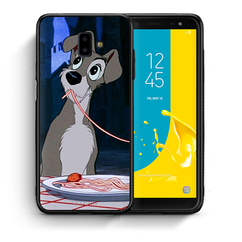 Θήκη Αγίου Βαλεντίνου Samsung J6+ Lady And Tramp 1 από τη Smartfits με σχέδιο στο πίσω μέρος και μαύρο περίβλημα | Samsung J6+ Lady And Tramp 1 case with colorful back and black bezels