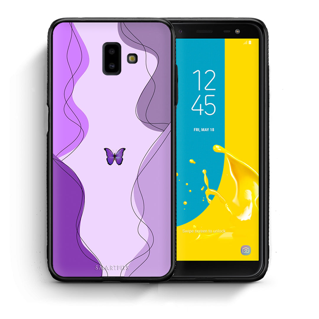 Θήκη Αγίου Βαλεντίνου Samsung J6+ Purple Mariposa από τη Smartfits με σχέδιο στο πίσω μέρος και μαύρο περίβλημα | Samsung J6+ Purple Mariposa case with colorful back and black bezels
