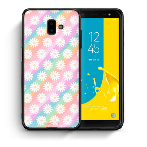 Θήκη Samsung J6+ White Daisies από τη Smartfits με σχέδιο στο πίσω μέρος και μαύρο περίβλημα | Samsung J6+ White Daisies case with colorful back and black bezels