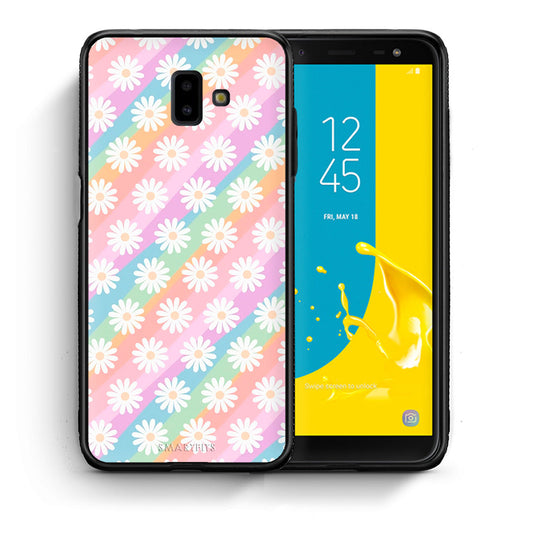 Θήκη Samsung J6+ White Daisies από τη Smartfits με σχέδιο στο πίσω μέρος και μαύρο περίβλημα | Samsung J6+ White Daisies case with colorful back and black bezels