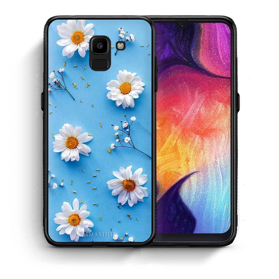 Θήκη Samsung J6 Real Daisies από τη Smartfits με σχέδιο στο πίσω μέρος και μαύρο περίβλημα | Samsung J6 Real Daisies case with colorful back and black bezels