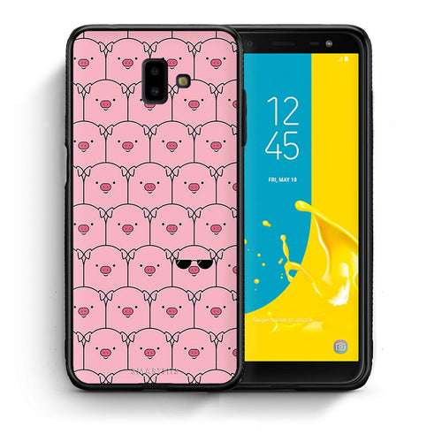 Θήκη Samsung J6+ Pig Glasses από τη Smartfits με σχέδιο στο πίσω μέρος και μαύρο περίβλημα | Samsung J6+ Pig Glasses case with colorful back and black bezels