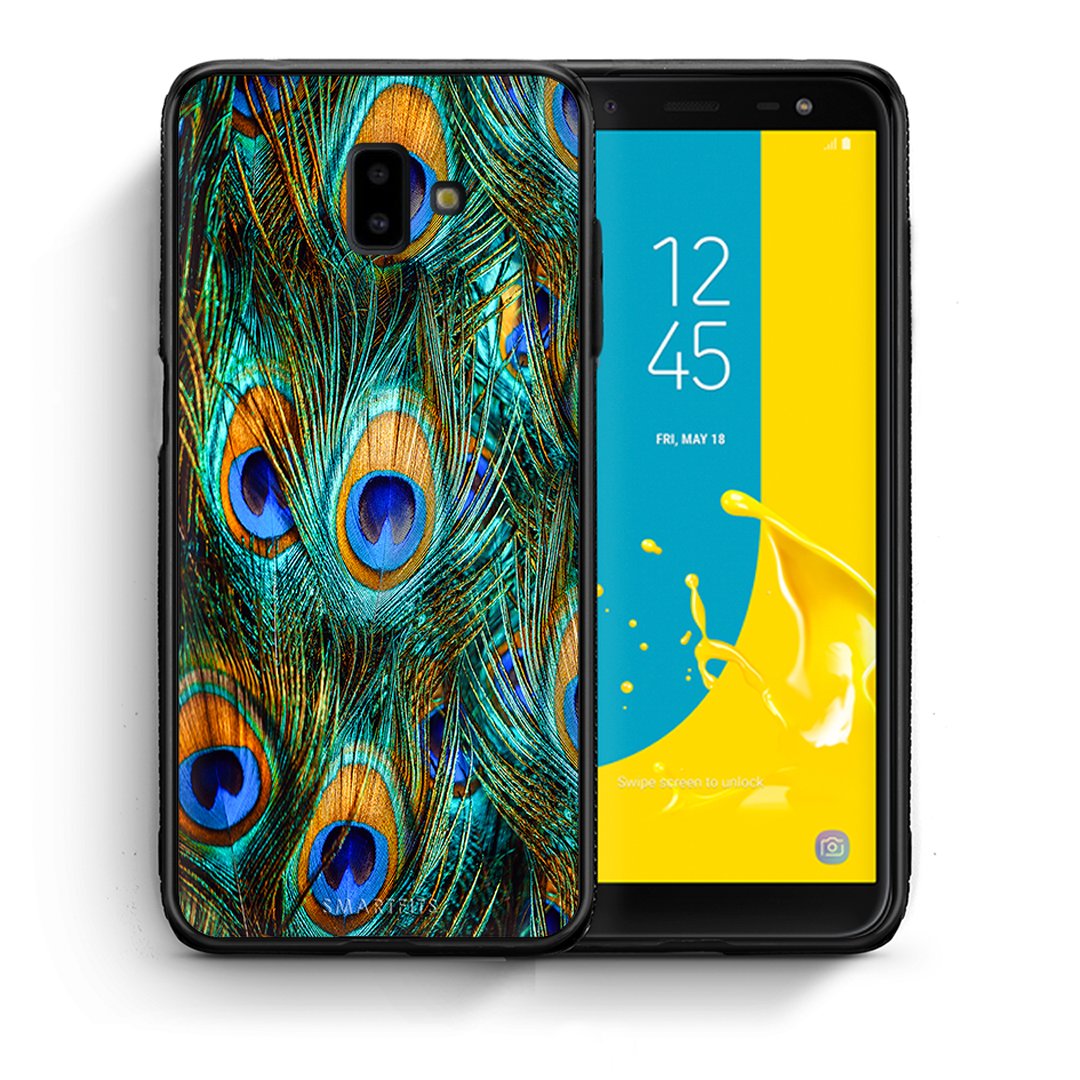 Θήκη Samsung J6+ Real Peacock Feathers από τη Smartfits με σχέδιο στο πίσω μέρος και μαύρο περίβλημα | Samsung J6+ Real Peacock Feathers case with colorful back and black bezels