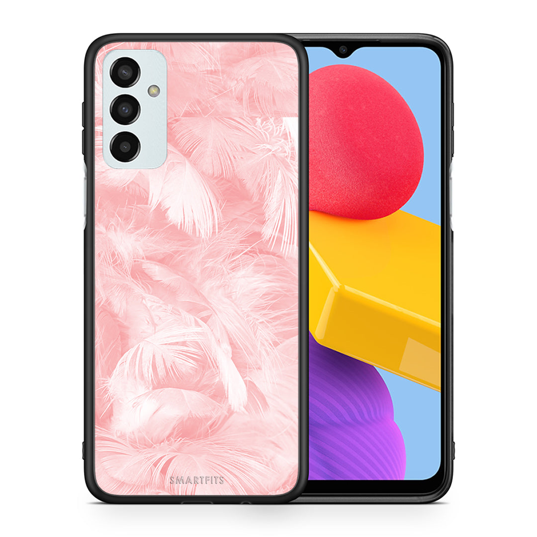 Θήκη Samsung M13 Pink Feather Boho από τη Smartfits με σχέδιο στο πίσω μέρος και μαύρο περίβλημα | Samsung M13 Pink Feather Boho case with colorful back and black bezels