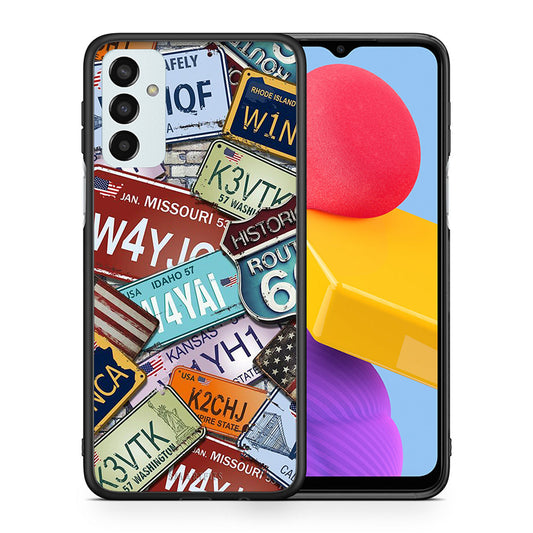 Θήκη Samsung M13 Car Plates από τη Smartfits με σχέδιο στο πίσω μέρος και μαύρο περίβλημα | Samsung M13 Car Plates case with colorful back and black bezels
