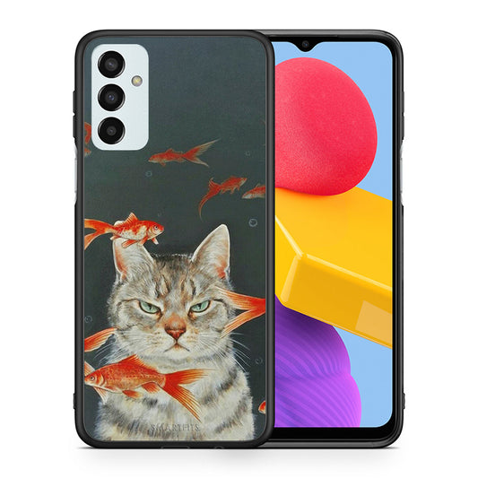 Θήκη Samsung M13 Cat Goldfish από τη Smartfits με σχέδιο στο πίσω μέρος και μαύρο περίβλημα | Samsung M13 Cat Goldfish case with colorful back and black bezels