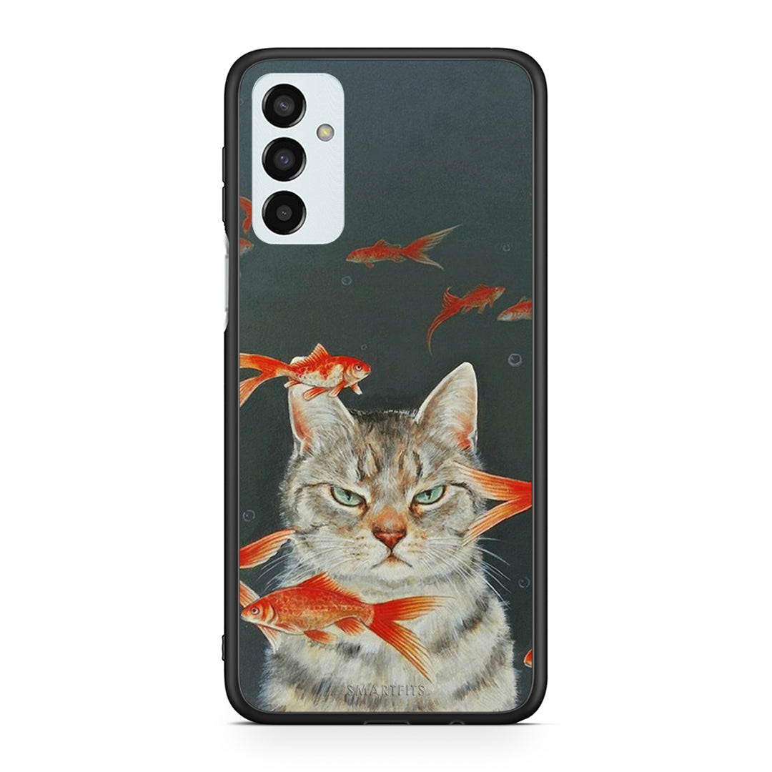 Samsung M13 Cat Goldfish θήκη από τη Smartfits με σχέδιο στο πίσω μέρος και μαύρο περίβλημα | Smartphone case with colorful back and black bezels by Smartfits