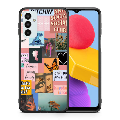 Θήκη Αγίου Βαλεντίνου Samsung M13 Collage Bitchin από τη Smartfits με σχέδιο στο πίσω μέρος και μαύρο περίβλημα | Samsung M13 Collage Bitchin case with colorful back and black bezels