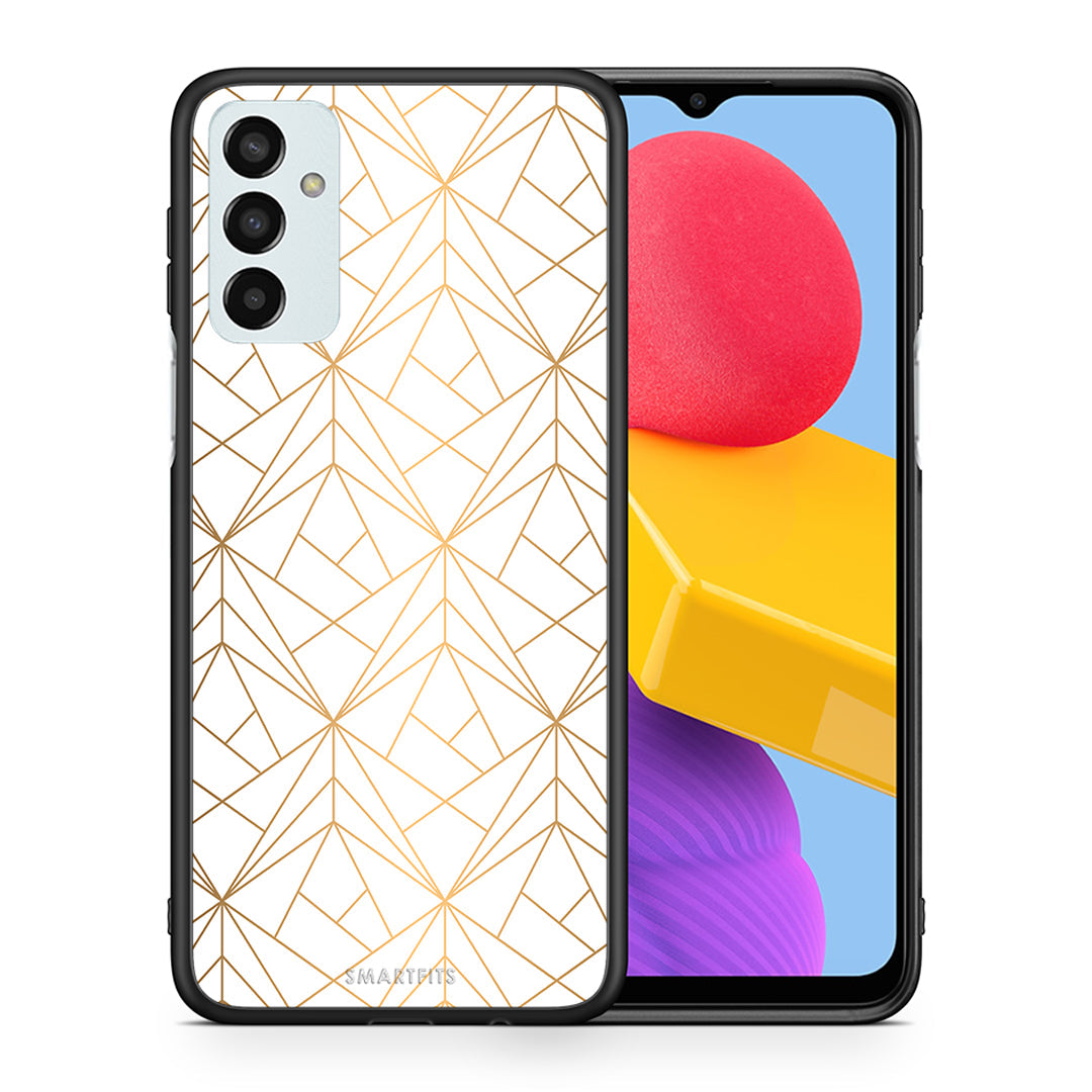 Θήκη Samsung M13 Luxury White Geometric από τη Smartfits με σχέδιο στο πίσω μέρος και μαύρο περίβλημα | Samsung M13 Luxury White Geometric case with colorful back and black bezels