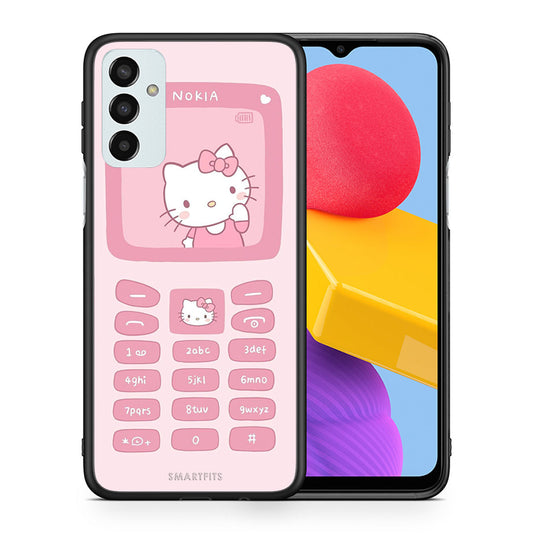 Θήκη Αγίου Βαλεντίνου Samsung M13 Hello Kitten από τη Smartfits με σχέδιο στο πίσω μέρος και μαύρο περίβλημα | Samsung M13 Hello Kitten case with colorful back and black bezels