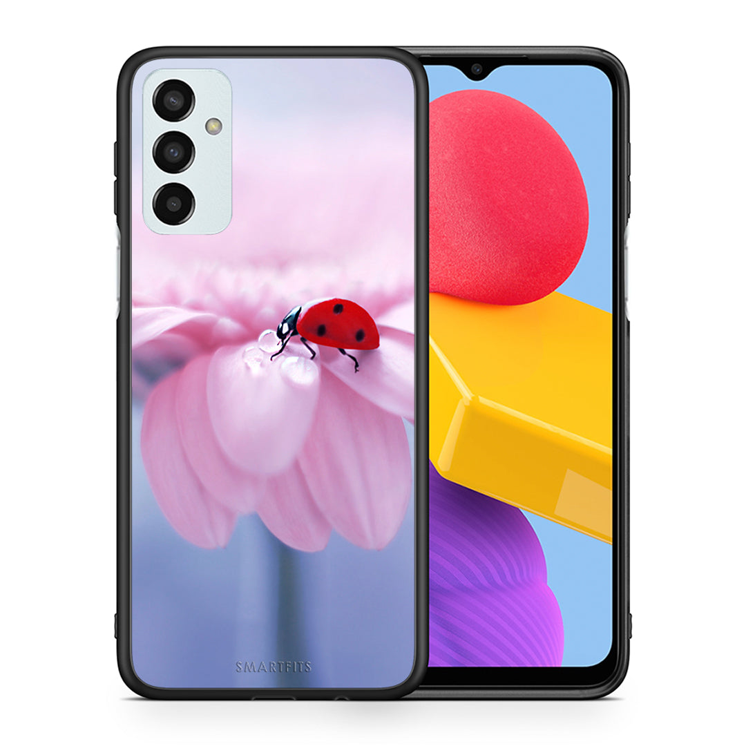 Θήκη Samsung M13 Ladybug Flower από τη Smartfits με σχέδιο στο πίσω μέρος και μαύρο περίβλημα | Samsung M13 Ladybug Flower case with colorful back and black bezels