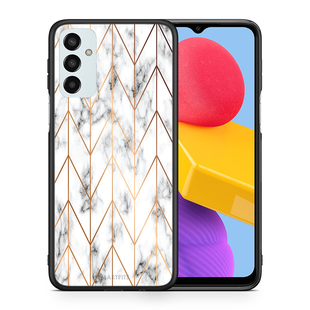 Θήκη Samsung M13 Gold Geometric Marble από τη Smartfits με σχέδιο στο πίσω μέρος και μαύρο περίβλημα | Samsung M13 Gold Geometric Marble case with colorful back and black bezels