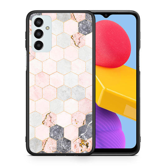 Θήκη Samsung M13 Hexagon Pink Marble από τη Smartfits με σχέδιο στο πίσω μέρος και μαύρο περίβλημα | Samsung M13 Hexagon Pink Marble case with colorful back and black bezels