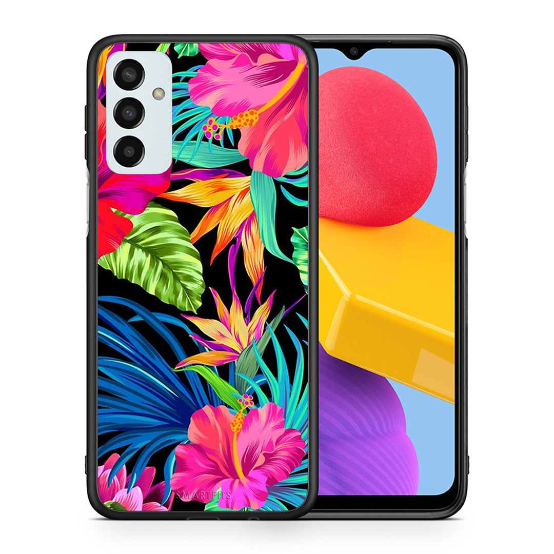 Θήκη Samsung M13 Tropical Flowers από τη Smartfits με σχέδιο στο πίσω μέρος και μαύρο περίβλημα | Samsung M13 Tropical Flowers case with colorful back and black bezels