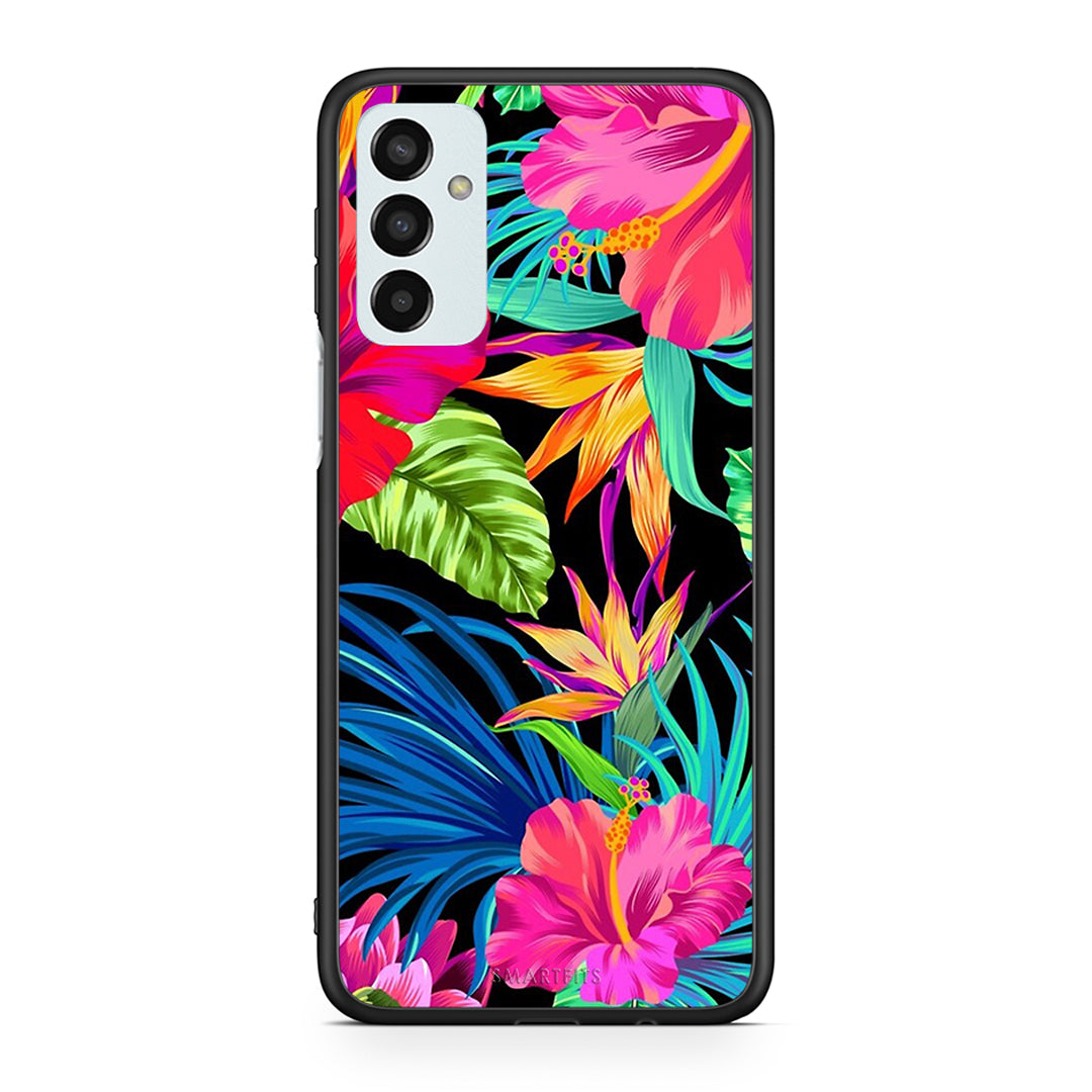 Samsung M13 Tropical Flowers θήκη από τη Smartfits με σχέδιο στο πίσω μέρος και μαύρο περίβλημα | Smartphone case with colorful back and black bezels by Smartfits