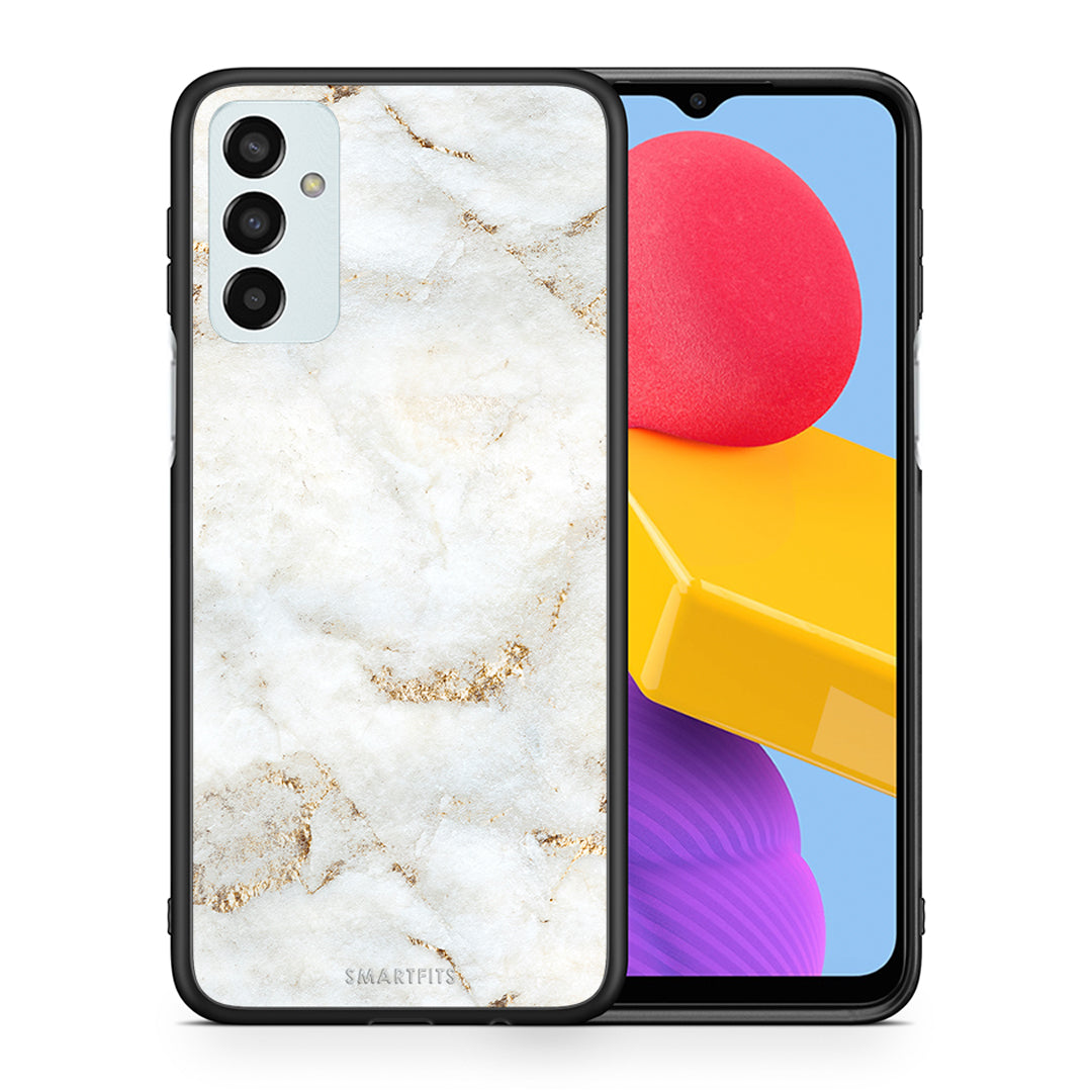 Θήκη Samsung M13 White Gold Marble από τη Smartfits με σχέδιο στο πίσω μέρος και μαύρο περίβλημα | Samsung M13 White Gold Marble case with colorful back and black bezels