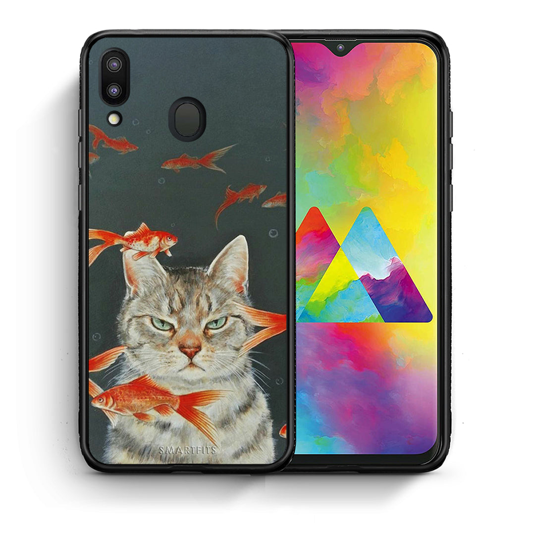 Θήκη Samsung M20 Cat Goldfish από τη Smartfits με σχέδιο στο πίσω μέρος και μαύρο περίβλημα | Samsung M20 Cat Goldfish case with colorful back and black bezels