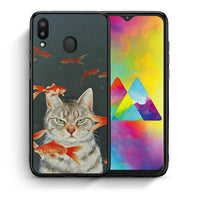 Thumbnail for Θήκη Samsung M20 Cat Goldfish από τη Smartfits με σχέδιο στο πίσω μέρος και μαύρο περίβλημα | Samsung M20 Cat Goldfish case with colorful back and black bezels