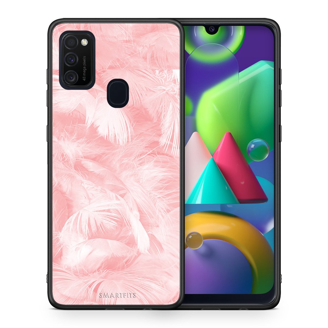 Θήκη Samsung M21/M31 Pink Feather Boho από τη Smartfits με σχέδιο στο πίσω μέρος και μαύρο περίβλημα | Samsung M21/M31 Pink Feather Boho case with colorful back and black bezels