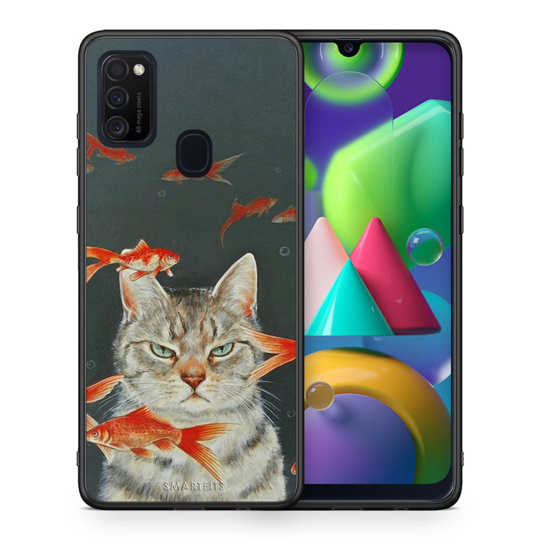 Θήκη Samsung M21/M31 Cat Goldfish από τη Smartfits με σχέδιο στο πίσω μέρος και μαύρο περίβλημα | Samsung M21/M31 Cat Goldfish case with colorful back and black bezels
