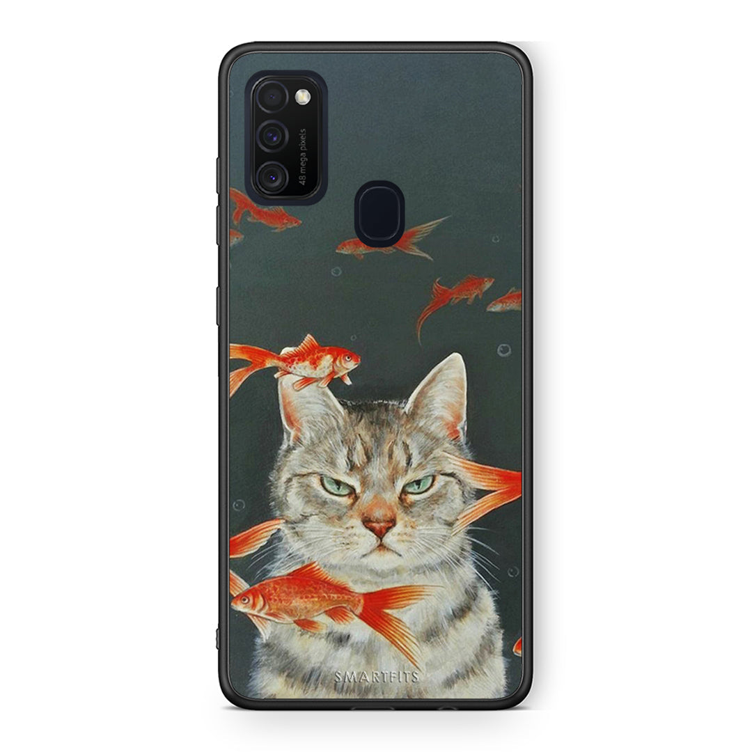 Samsung M21/M31 Cat Goldfish θήκη από τη Smartfits με σχέδιο στο πίσω μέρος και μαύρο περίβλημα | Smartphone case with colorful back and black bezels by Smartfits