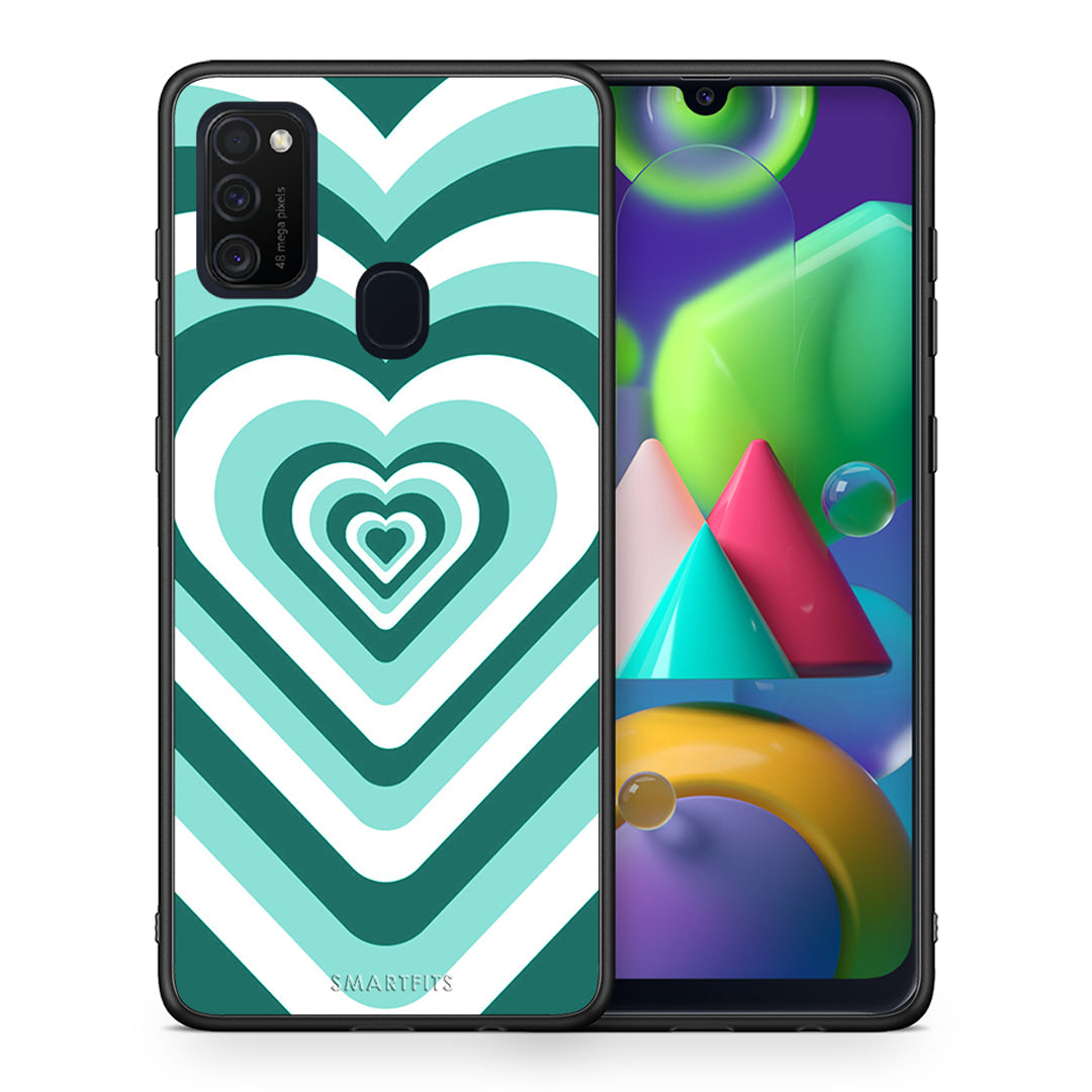 Θήκη Samsung M21/M31 Green Hearts από τη Smartfits με σχέδιο στο πίσω μέρος και μαύρο περίβλημα | Samsung M21/M31 Green Hearts case with colorful back and black bezels