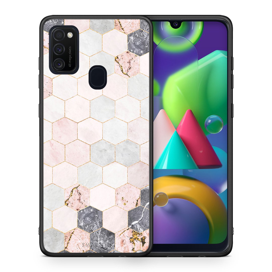 Θήκη Samsung M21/M31 Hexagon Pink Marble από τη Smartfits με σχέδιο στο πίσω μέρος και μαύρο περίβλημα | Samsung M21/M31 Hexagon Pink Marble case with colorful back and black bezels