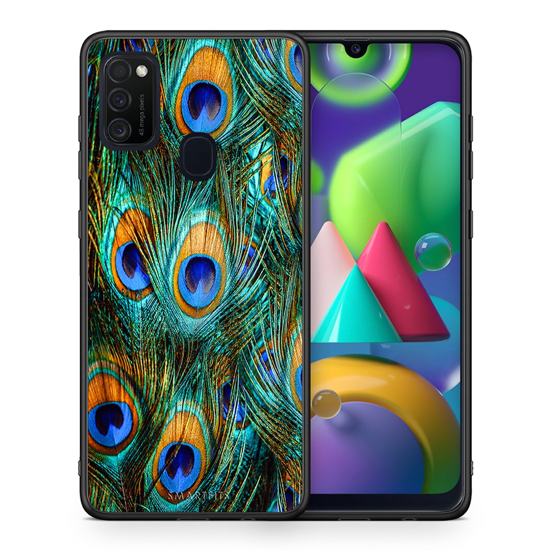 Θήκη Samsung M21/M31 Real Peacock Feathers από τη Smartfits με σχέδιο στο πίσω μέρος και μαύρο περίβλημα | Samsung M21/M31 Real Peacock Feathers case with colorful back and black bezels