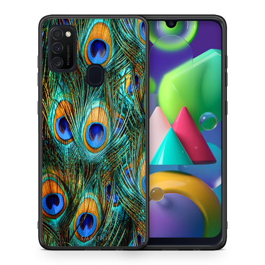 Θήκη Samsung M21/M31 Real Peacock Feathers από τη Smartfits με σχέδιο στο πίσω μέρος και μαύρο περίβλημα | Samsung M21/M31 Real Peacock Feathers case with colorful back and black bezels