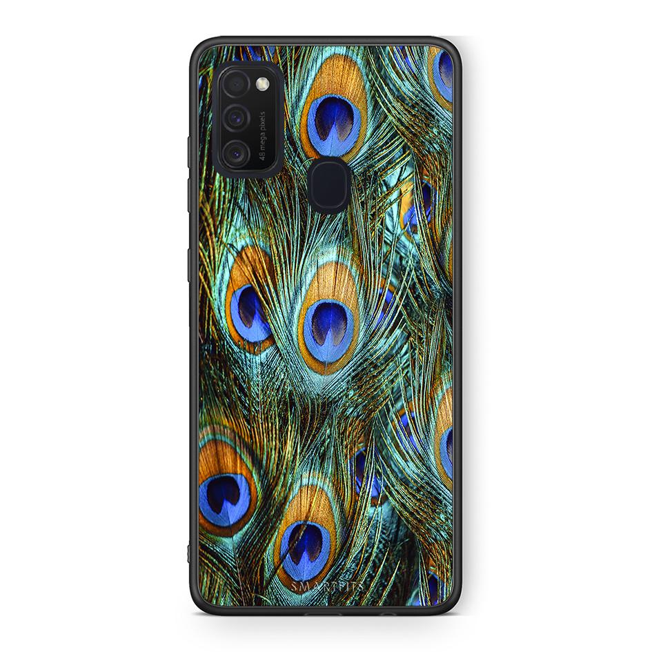 Samsung M21/M31 Real Peacock Feathers θήκη από τη Smartfits με σχέδιο στο πίσω μέρος και μαύρο περίβλημα | Smartphone case with colorful back and black bezels by Smartfits