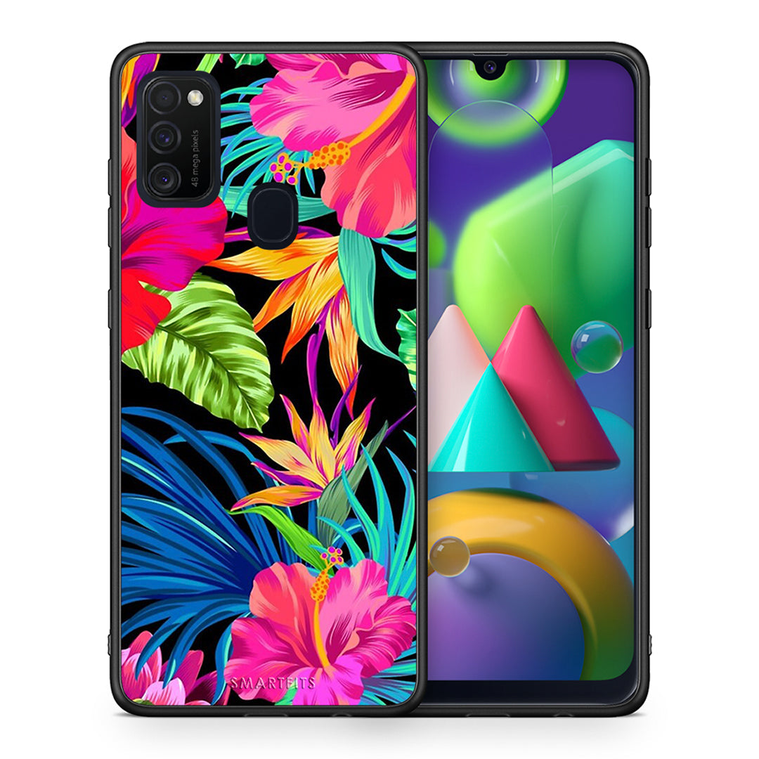 Θήκη Samsung M21/M31 Tropical Flowers από τη Smartfits με σχέδιο στο πίσω μέρος και μαύρο περίβλημα | Samsung M21/M31 Tropical Flowers case with colorful back and black bezels