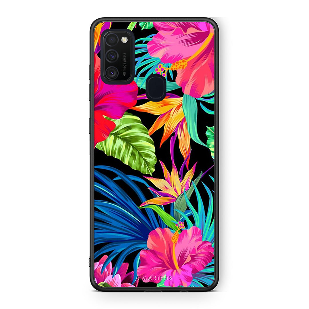 Samsung M21/M31 Tropical Flowers θήκη από τη Smartfits με σχέδιο στο πίσω μέρος και μαύρο περίβλημα | Smartphone case with colorful back and black bezels by Smartfits