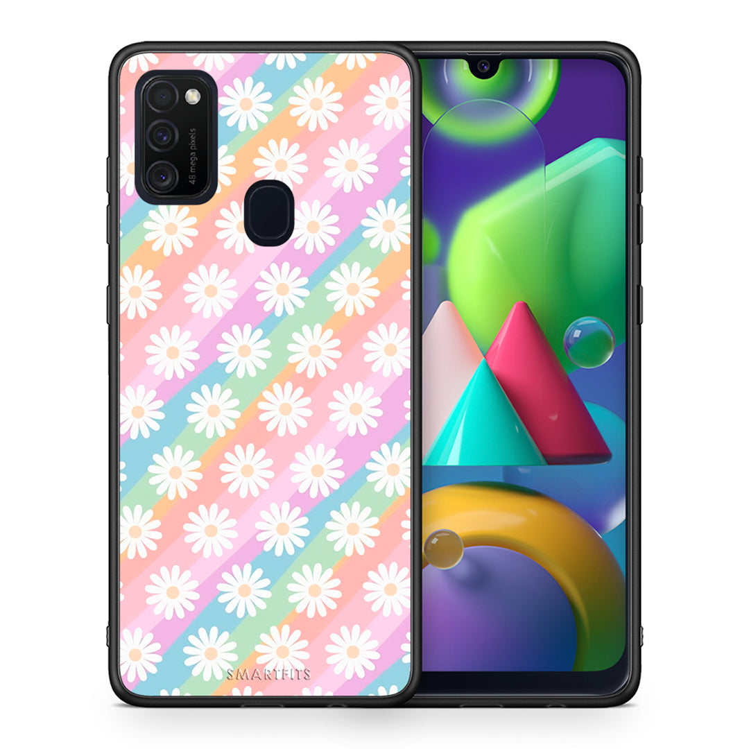 Θήκη Samsung M21/M31 White Daisies από τη Smartfits με σχέδιο στο πίσω μέρος και μαύρο περίβλημα | Samsung M21/M31 White Daisies case with colorful back and black bezels